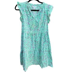 Womens Size Medium Green Floral Tiered Mini Dress Cottagecore Prairie Colorful